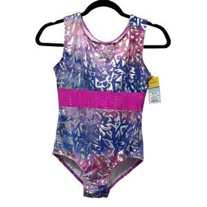NWT Girls' Cat & Jack Pink Blue Metallic Abstract Print Gymnastics Leotards XL